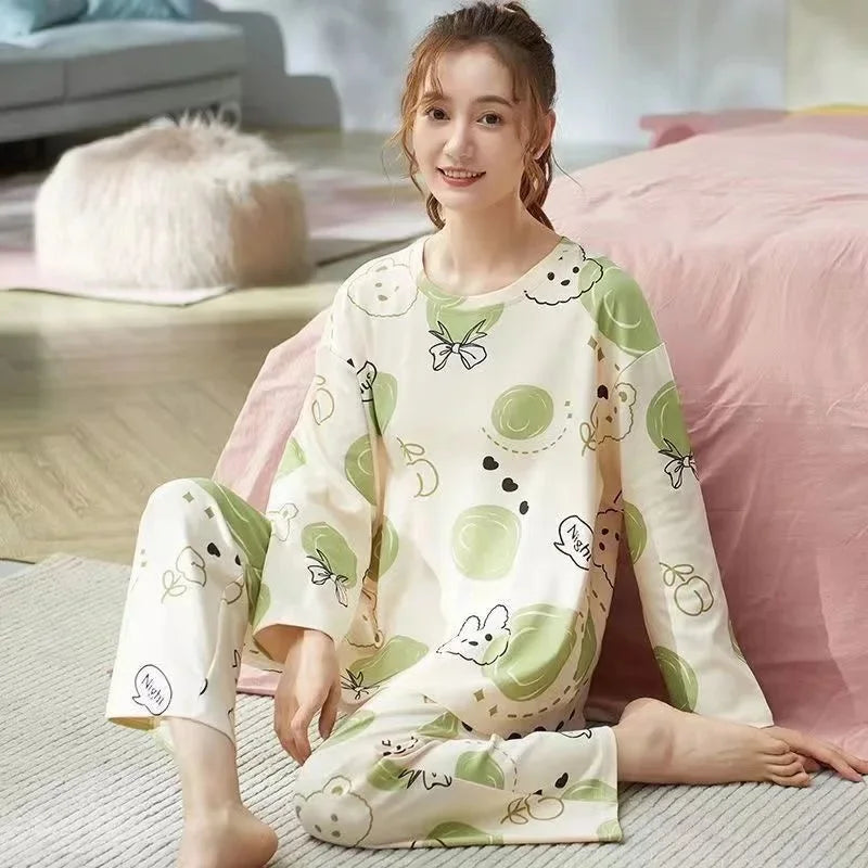 Cute Cartoon Round Neck Women's Pajama Set