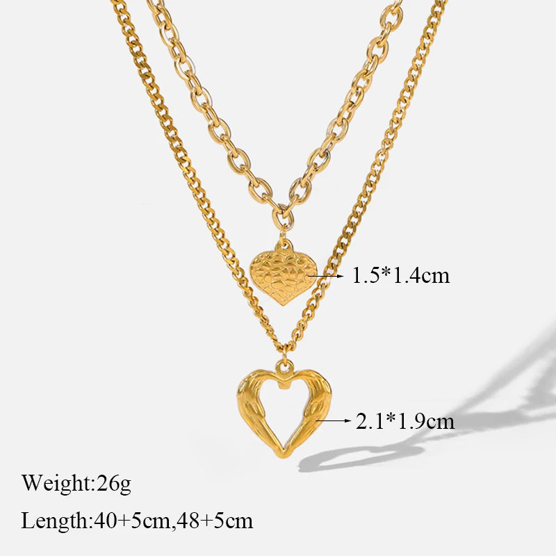 Stainless Steel Gold Color Double Heart Pendant Necklace