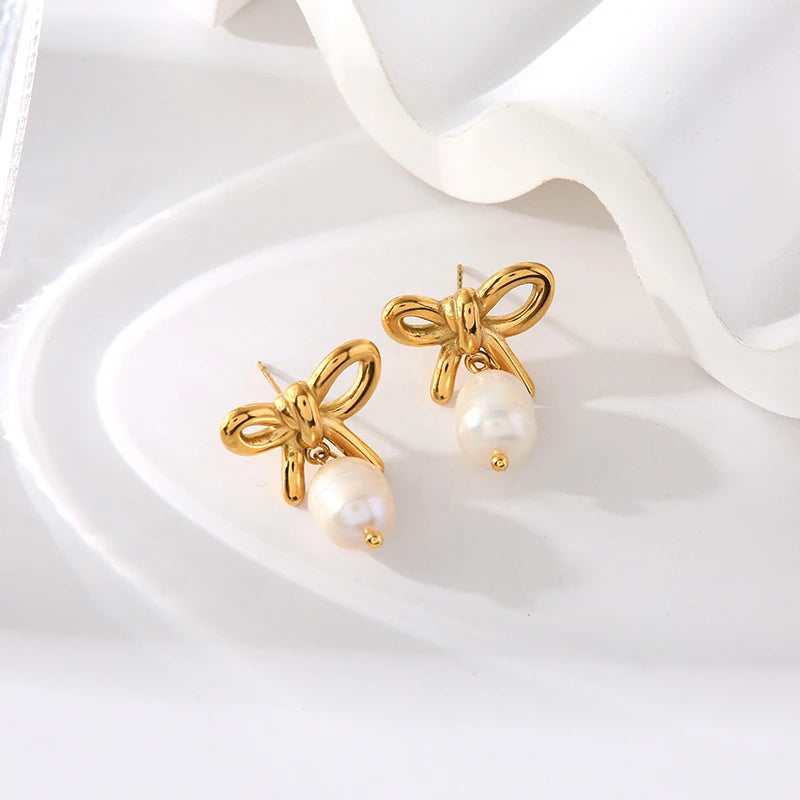 Stainless Steel Bowknot Pearl Earrings