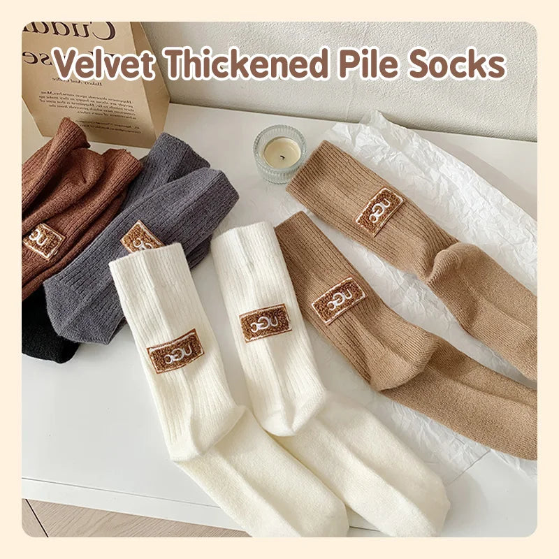 Winter Solid Warm Velvet Thickened Pile Socks 1 pair random colour