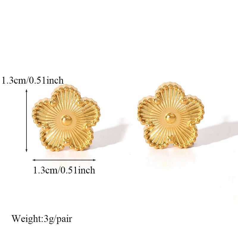 Stainless Steel Golden Plum Blossom Five Leaf Flower Stud Earrings