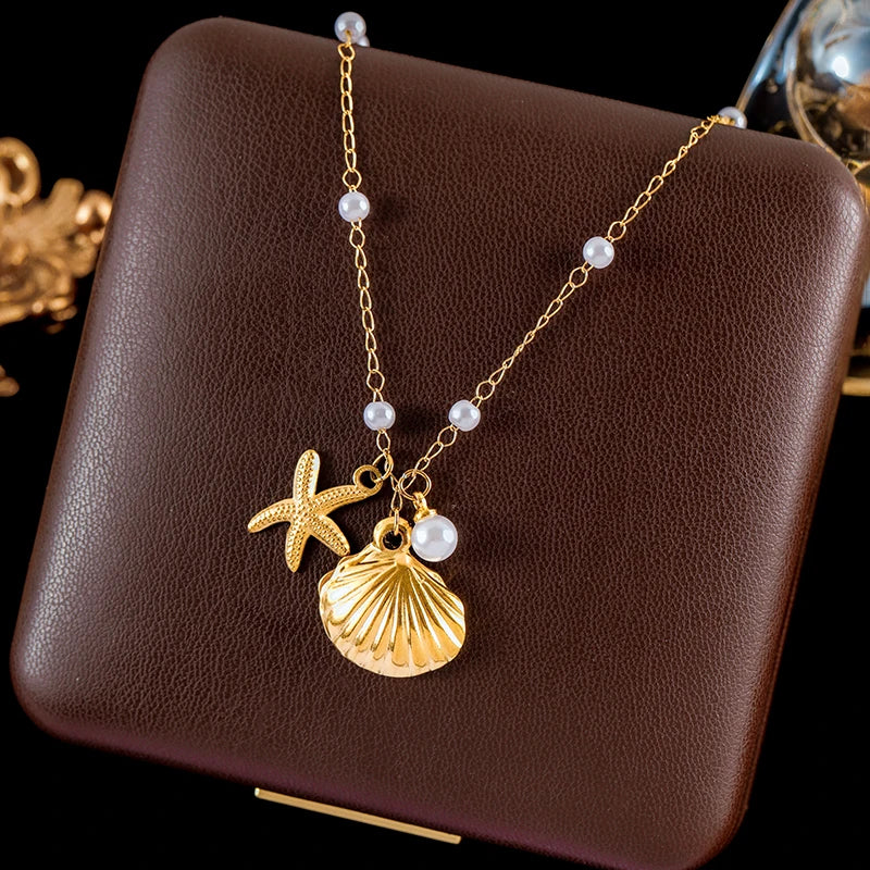 Stainless Steel Shell Starfish Pearl Pendant Necklace