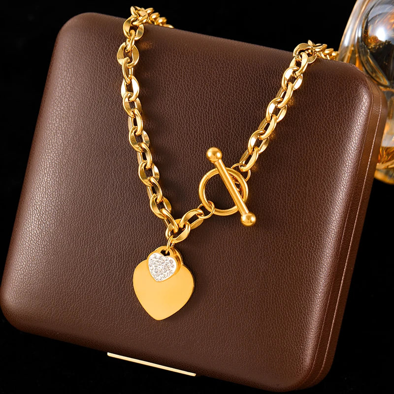 Stainless Steel Gold Color Double Heart Pendant Necklace