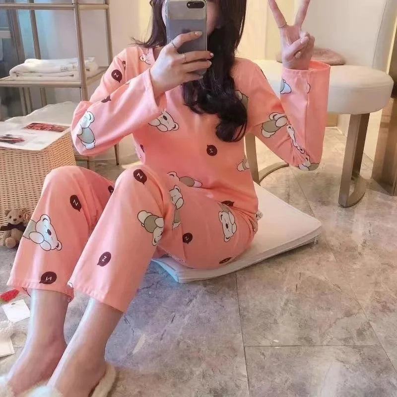 Cute Cartoon Round Neck Women's Pajama Set