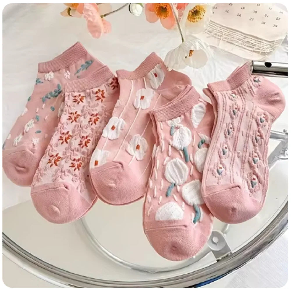 5 Pairs of Kawaii Cute Flower 3D Textured Ankle Socks