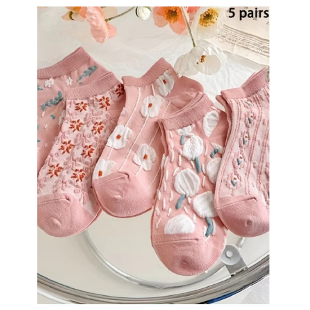 5 Pairs of Kawaii Cute Flower 3D Textured Ankle Socks