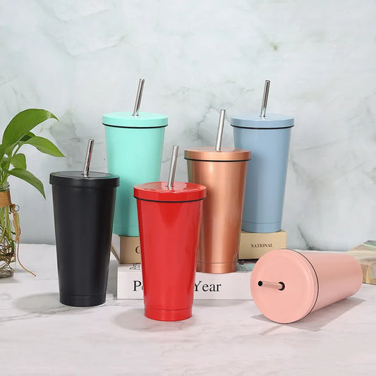 Double Wall Stainless Steel Insulated Drinking Tumbler Cup with Metal Straw and Lid