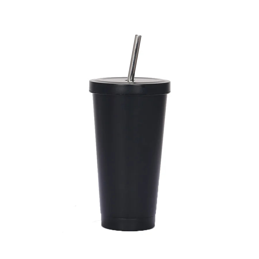 Double Wall Stainless Steel Insulated Drinking Tumbler Cup with Metal Straw and Lid