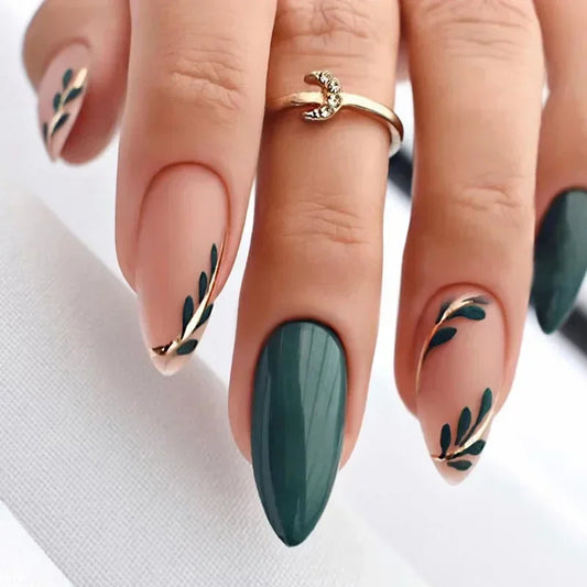 24Pcs Simple Green Leaves Design False Nails