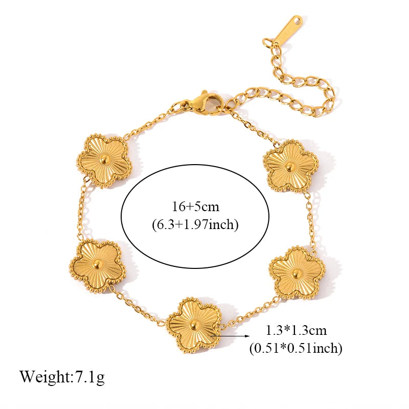 Stainless Steel Gold Color Five Leaf Flower Bracelet