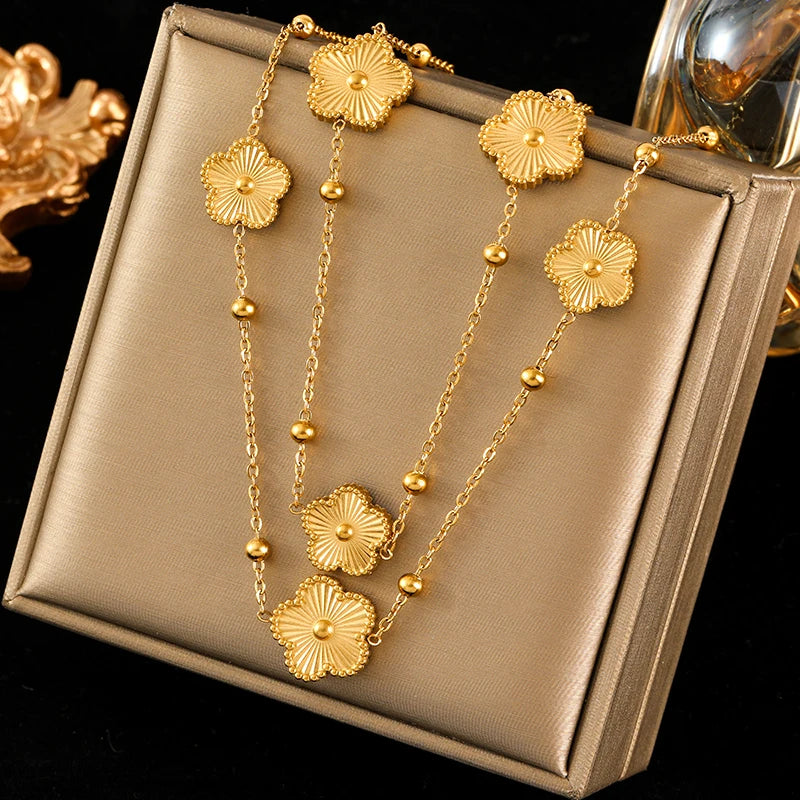 Stainless Steel Gold Color Five-Leaf Clover Pendant Necklace