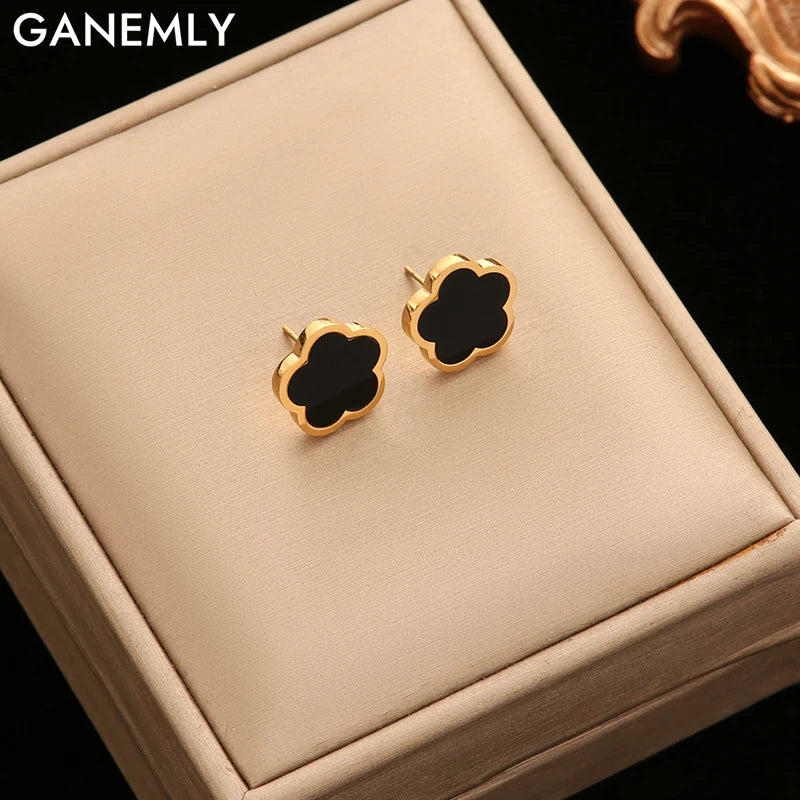 Stainless Steel Black Five Leaf Clover Flower Stud Earrings