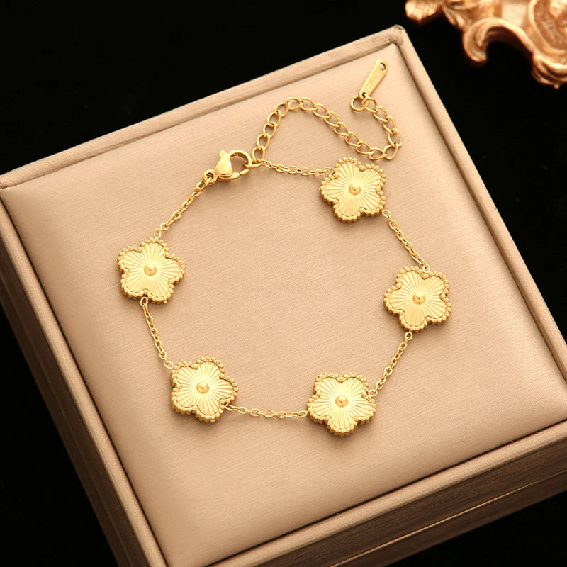 Stainless Steel Gold Color Five Leaf Flower Bracelet