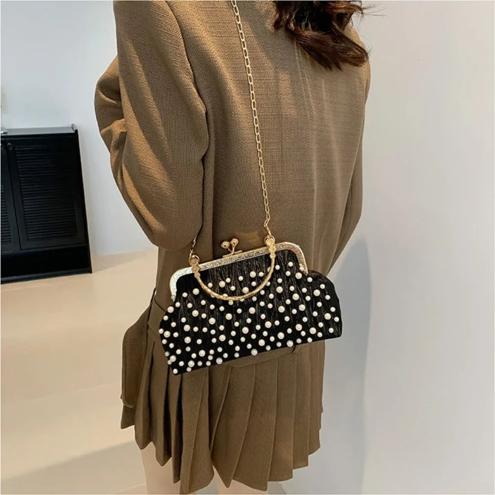 Artificial Pearl Diamond Inlaid Shoulder Bag