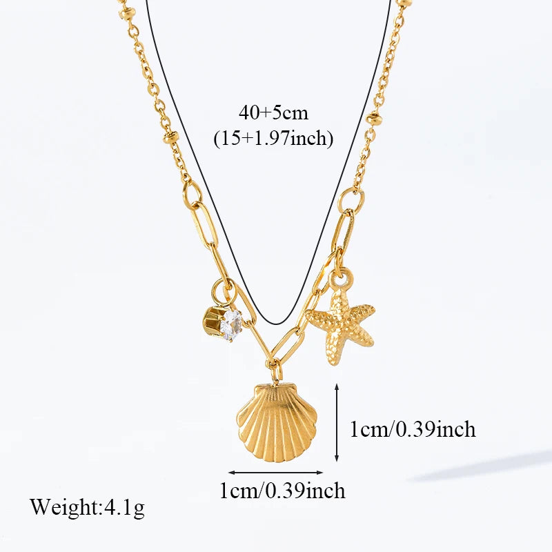 Stainless Steel Shell Starfish Zircon Pendant Necklace