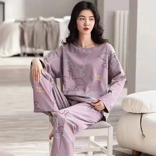 Cute Cartoon Round Neck Women's Pajama Set