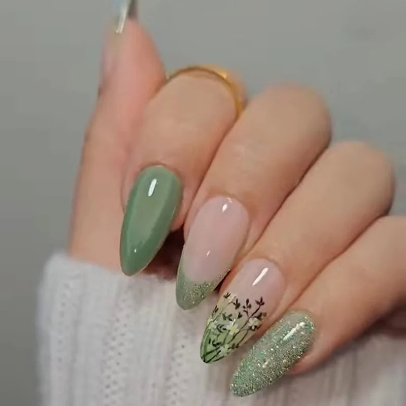 24Pcs Simple Green Leaves Design False Nails