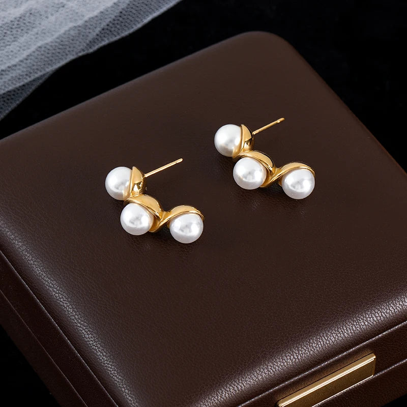 Stainless Steel Pearl Geometric Round Hoop Earrings