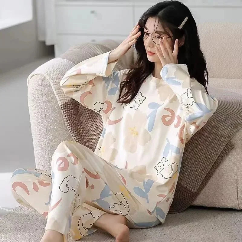 Cute Cartoon Round Neck Women's Pajama Set