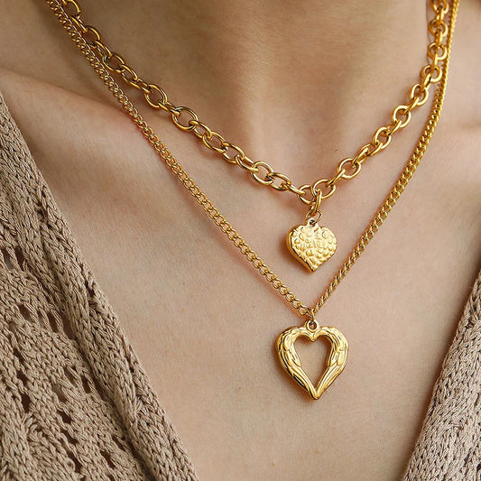 Stainless Steel Gold Color Double Heart Pendant Necklace