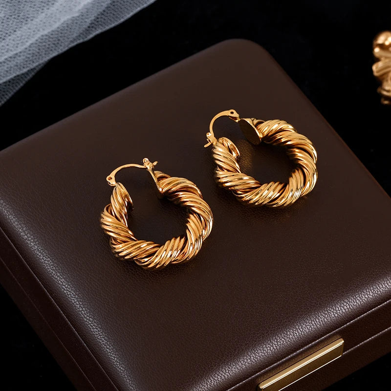 Stainless Steel Gold Color Twisted Hoop Earrings