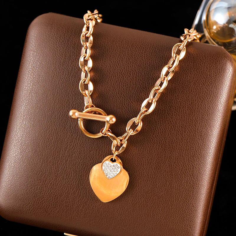 Stainless Steel Gold Color Double Heart Pendant Necklace