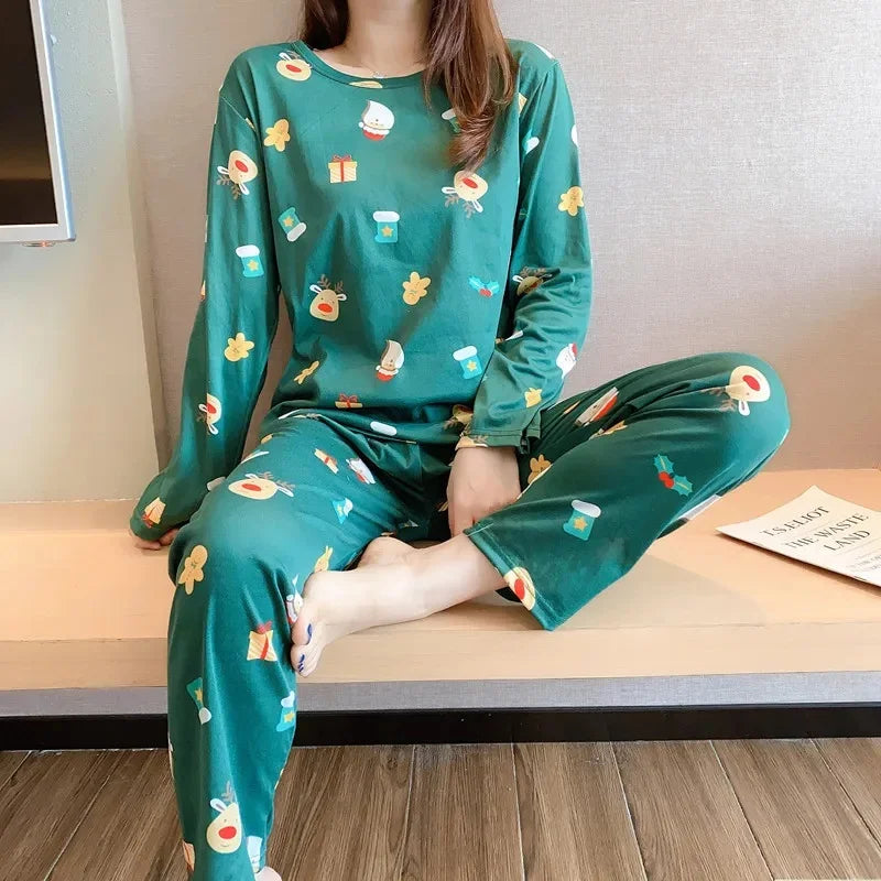 Cute Cartoon Round Neck Women's Pajama Set