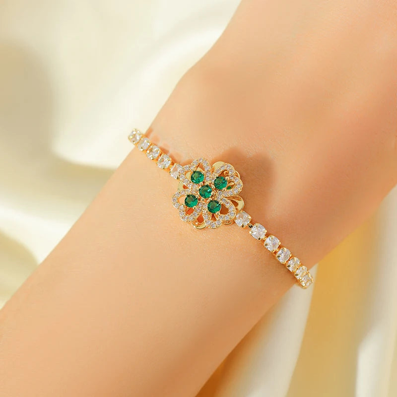 Stainless Steel Rotating Clover Zircon Necklace Bracelet Set