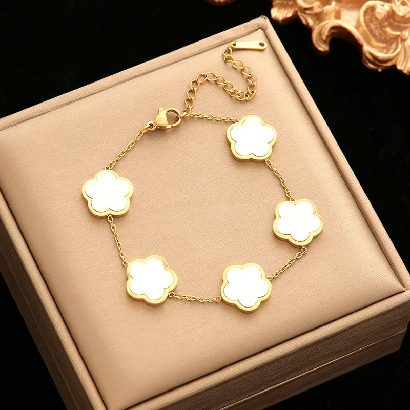 Stainless Steel Gold Color Five Leaf Flower Bracelet