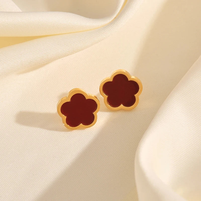 Stainless Steel Red Plum Blossom Earrings