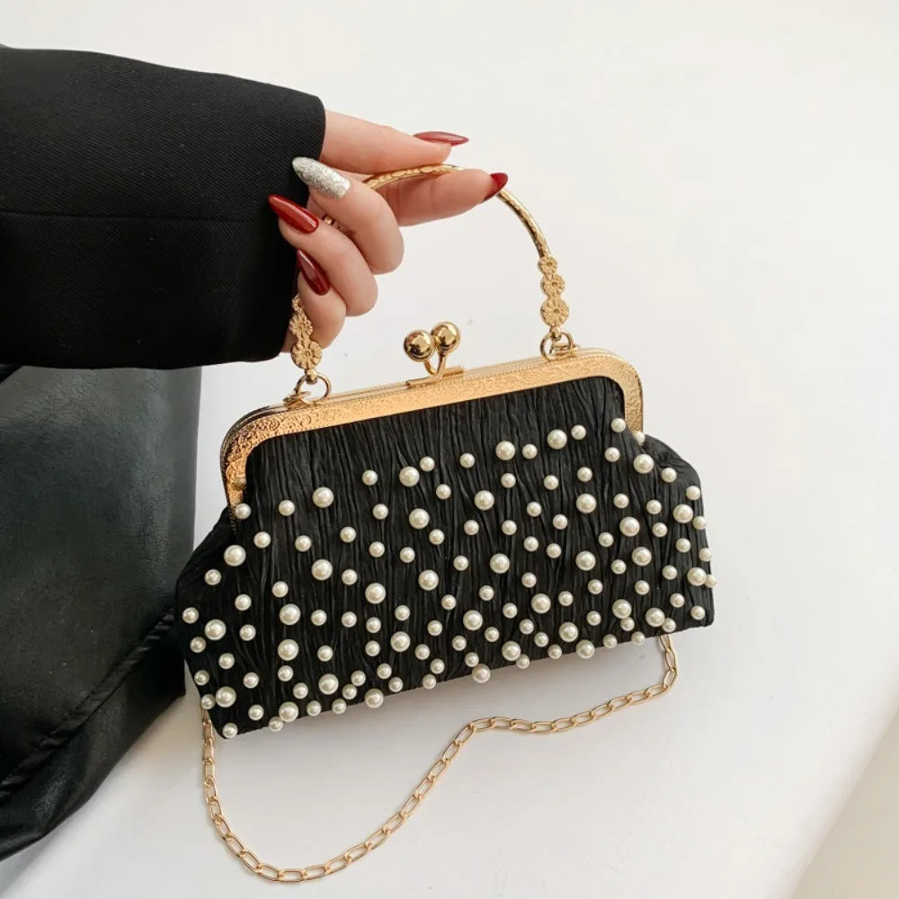 Artificial Pearl Diamond Inlaid Shoulder Bag