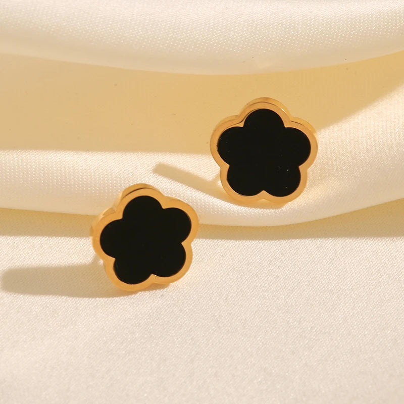 Stainless Steel Black Five Leaf Clover Flower Stud Earrings