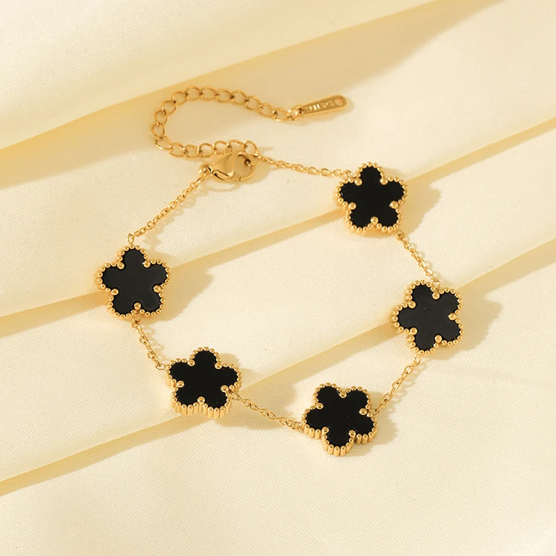 Stainless Steel Black Plant Flower Bracelet With Five Leaf Petals