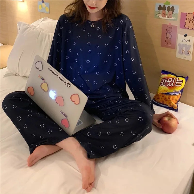 Cute Cartoon Round Neck Women's Pajama Set