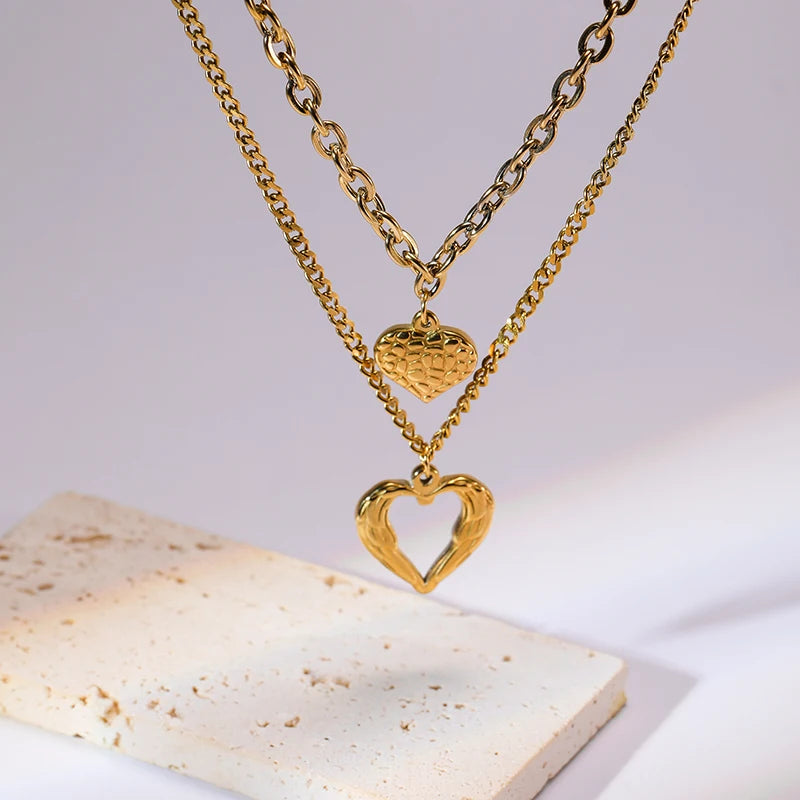 Stainless Steel Gold Color Double Heart Pendant Necklace