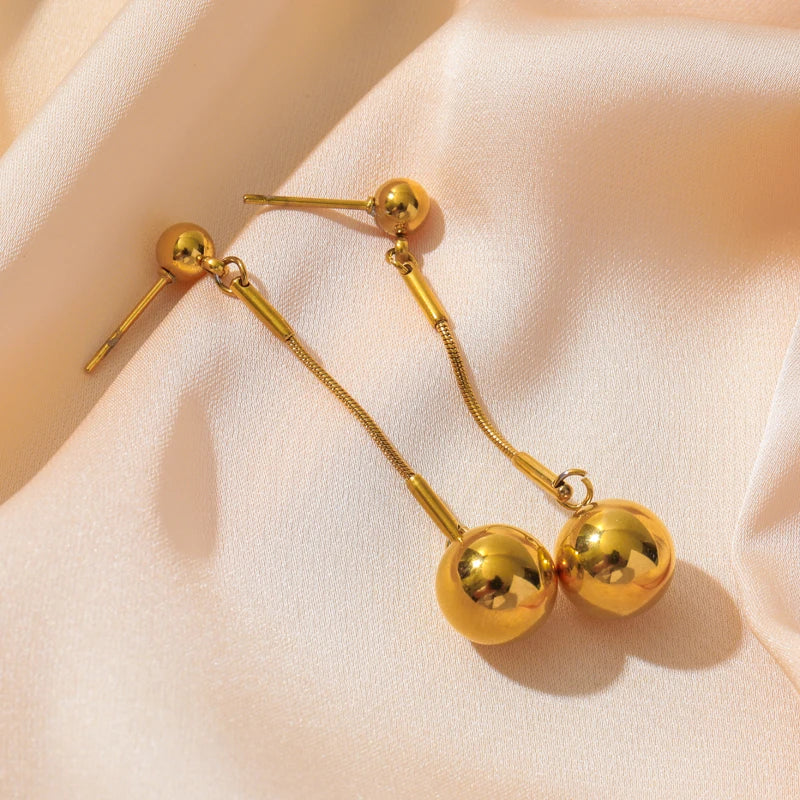 Stainless Steel Gold Color Ball Bead Dangle Earrings