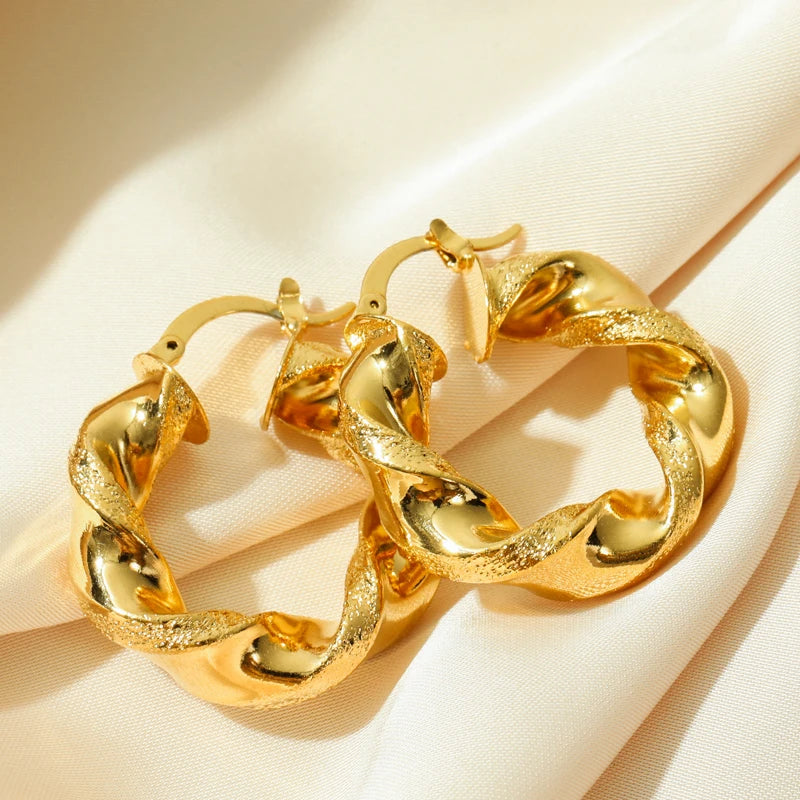 Stainless Steel Gold Color Twisted Hoop Earrings