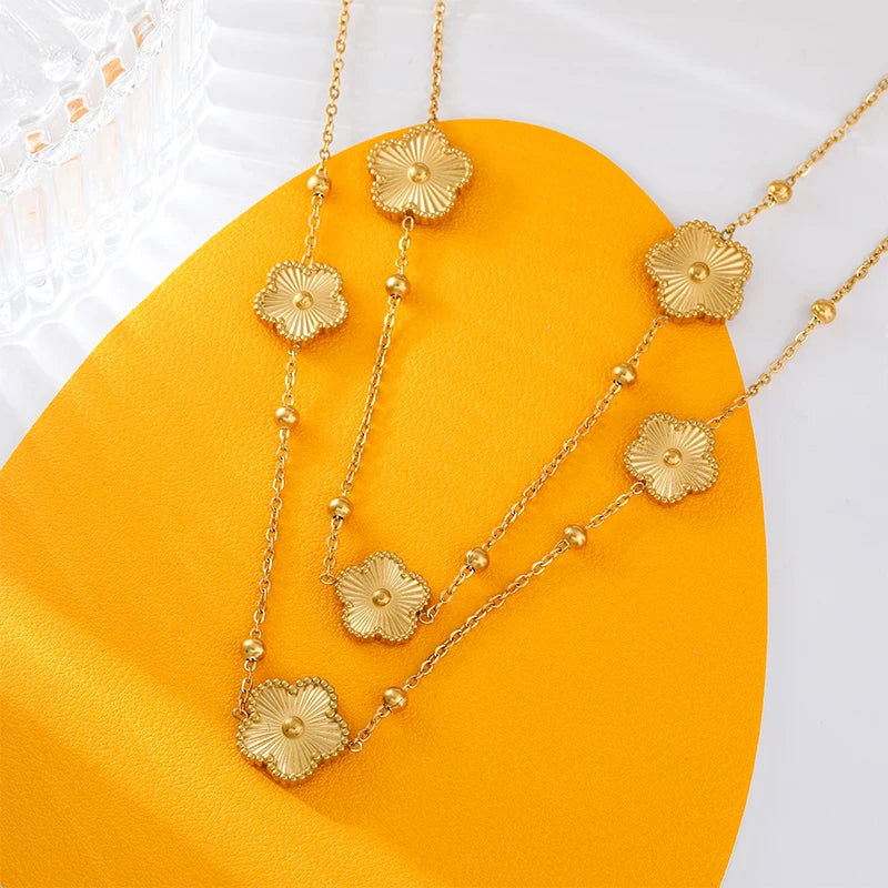 Stainless Steel Gold Color Five-Leaf Clover Pendant Necklace