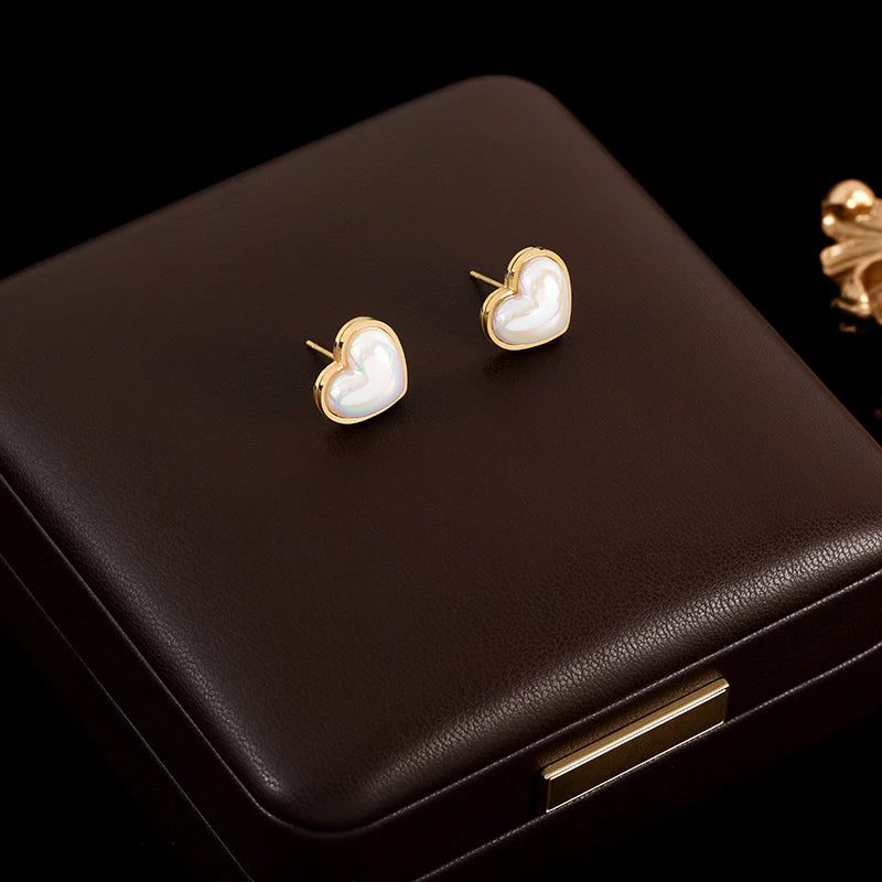 Stainless Steel Heart Pearl Stud Earrings