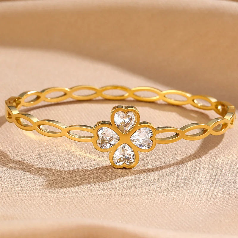 Stainless Steel Leaf Clover Zirconia Bangle Bracelet