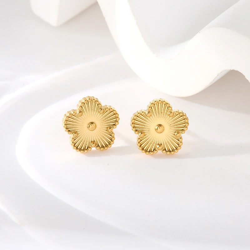 Stainless Steel Golden Plum Blossom Five Leaf Flower Stud Earrings