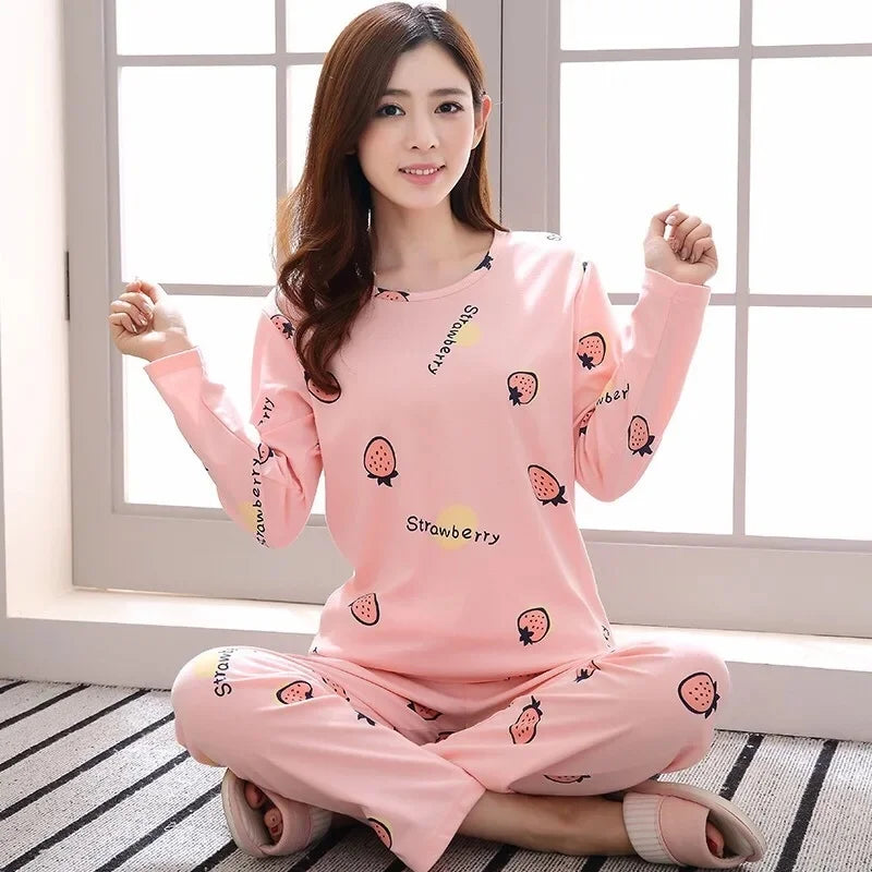 Cute Cartoon Round Neck Women's Pajama Set