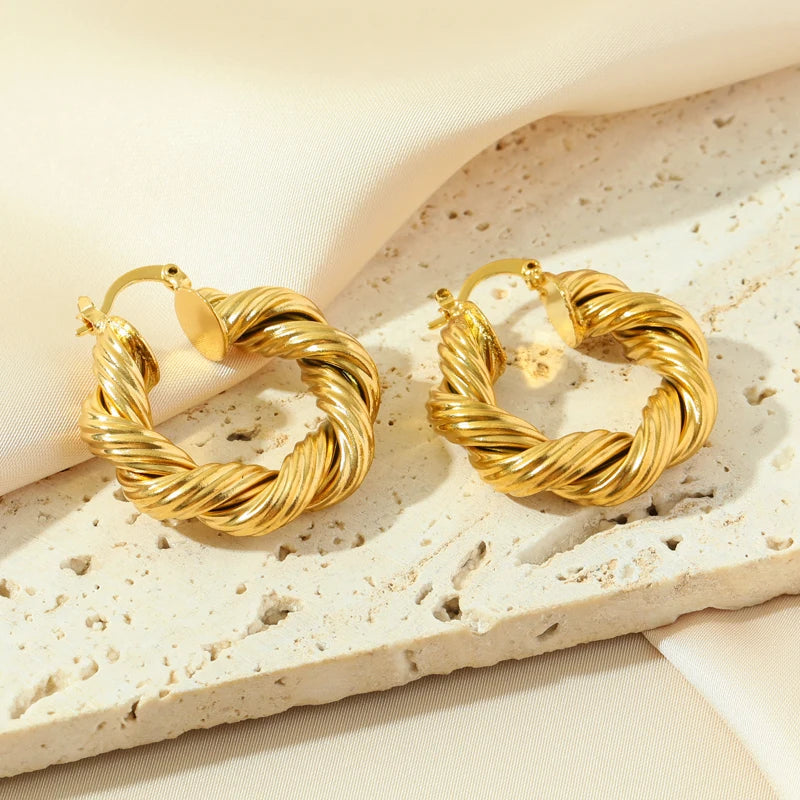 Stainless Steel Gold Color Twisted Hoop Earrings