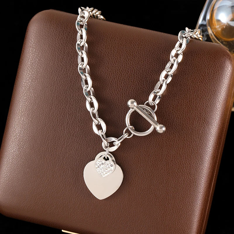 Stainless Steel Gold Color Double Heart Pendant Necklace