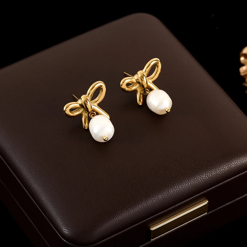 Stainless Steel Bowknot Pearl Earrings