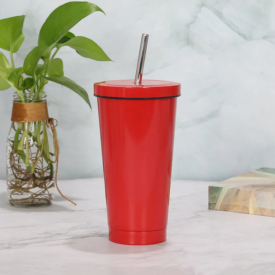 Double Wall Stainless Steel Insulated Drinking Tumbler Cup with Metal Straw and Lid