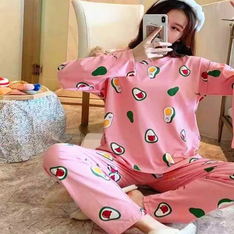 Cute Cartoon Round Neck Women's Pajama Set