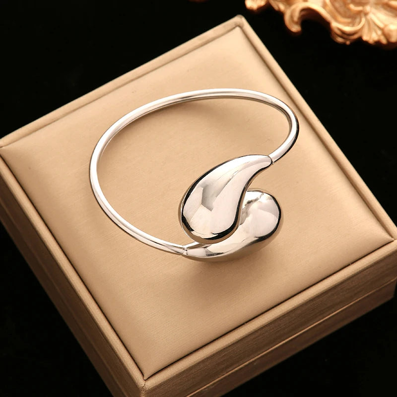 Stainless Steel Leaf Clover Zirconia Bangle Bracelet