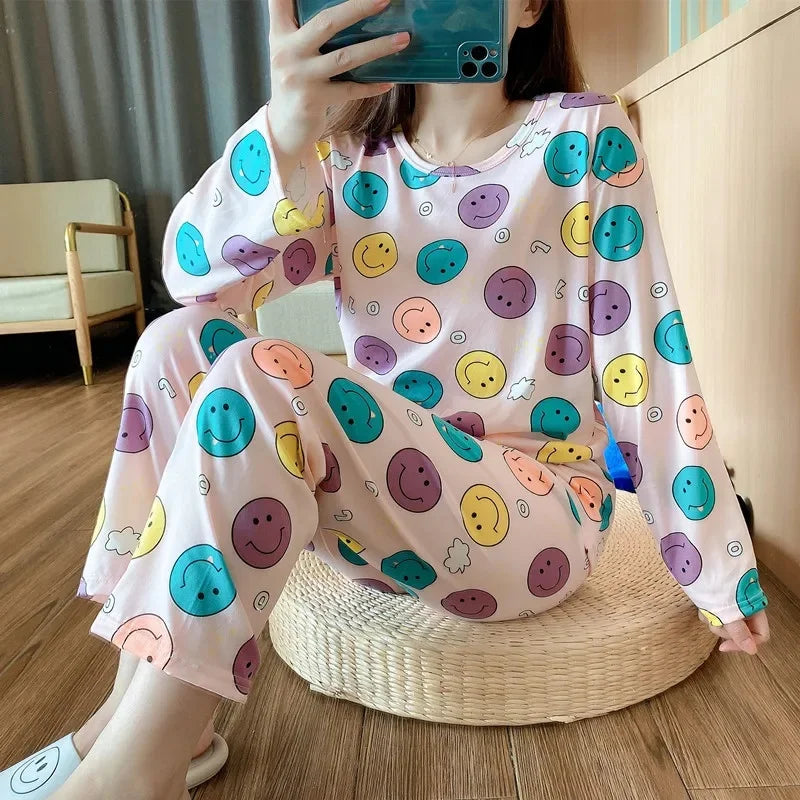 Cute Cartoon Round Neck Women's Pajama Set