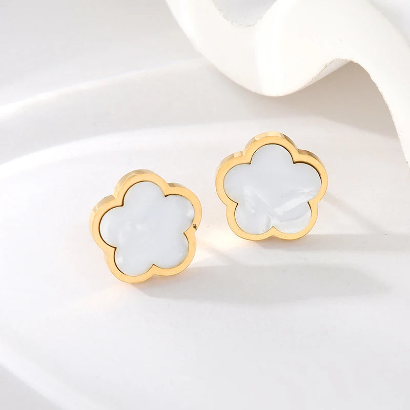 Stainless Steel Black Five Leaf Clover Flower Stud Earrings